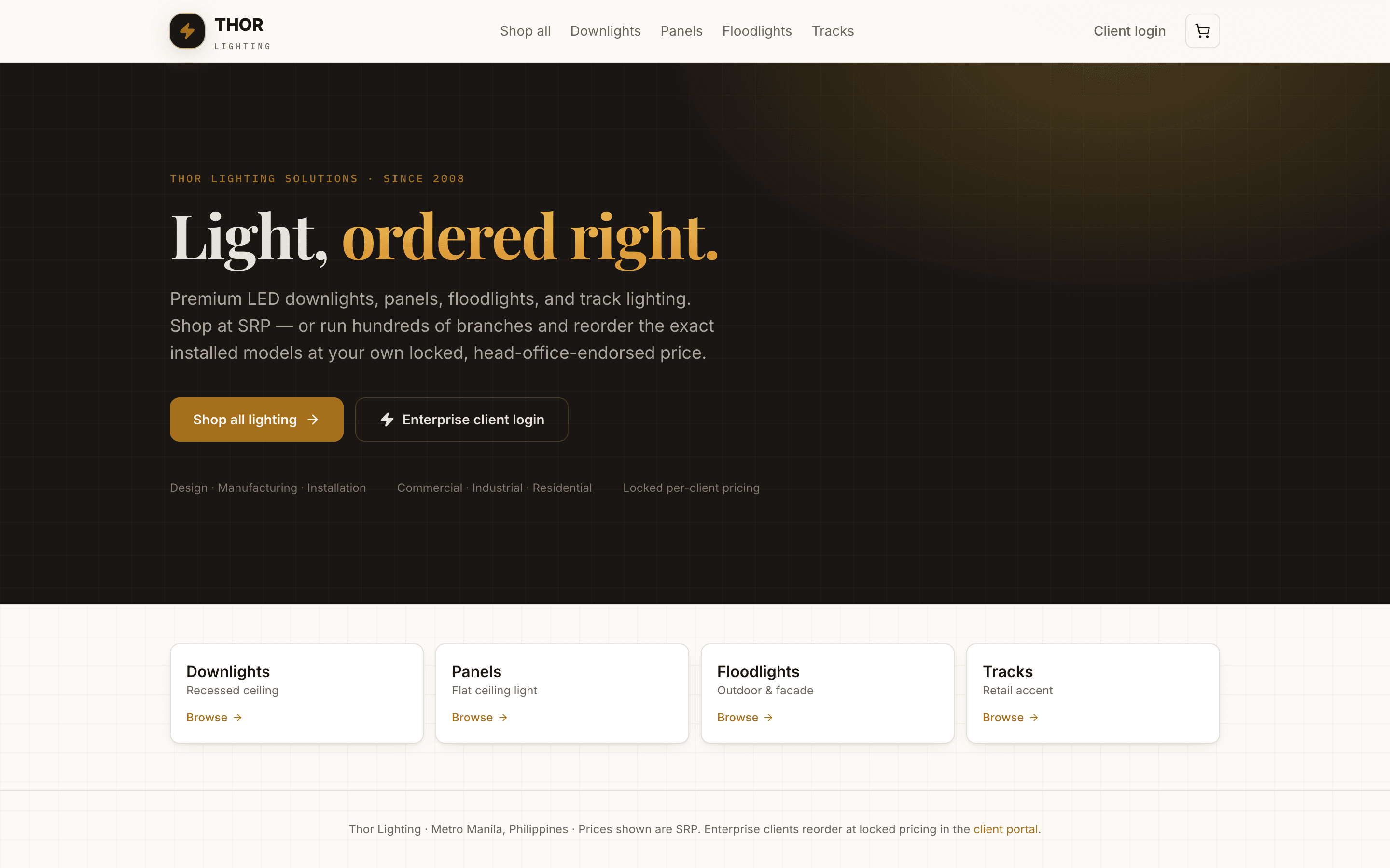 Thor Lighting — Thor — a public storefront and a locked-down enterprise portal